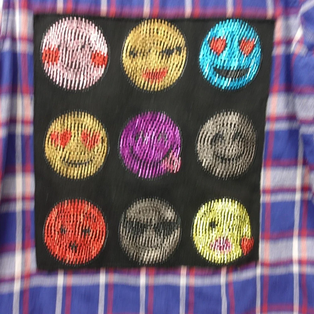 Girls Flannel Shirt Rhinestone Emoji L Blue Plaid Smiley Patch Pearl Snap BUTTER